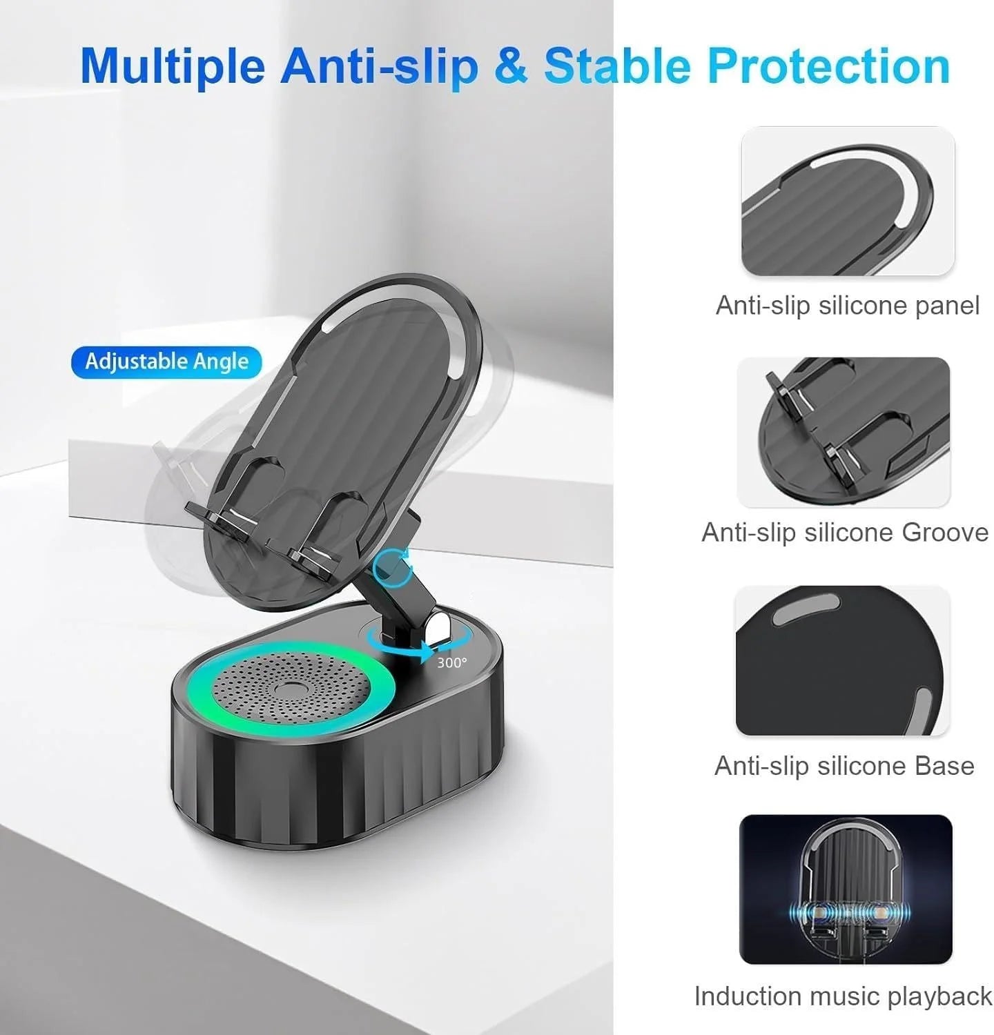 Wireless Induction Audio Bluetooth Speaker 5In1 Phone Holder Emergency Rechargeable (3000Mah) with Colorful Ambient Light 300° Foldable for Tablet Android (Black)