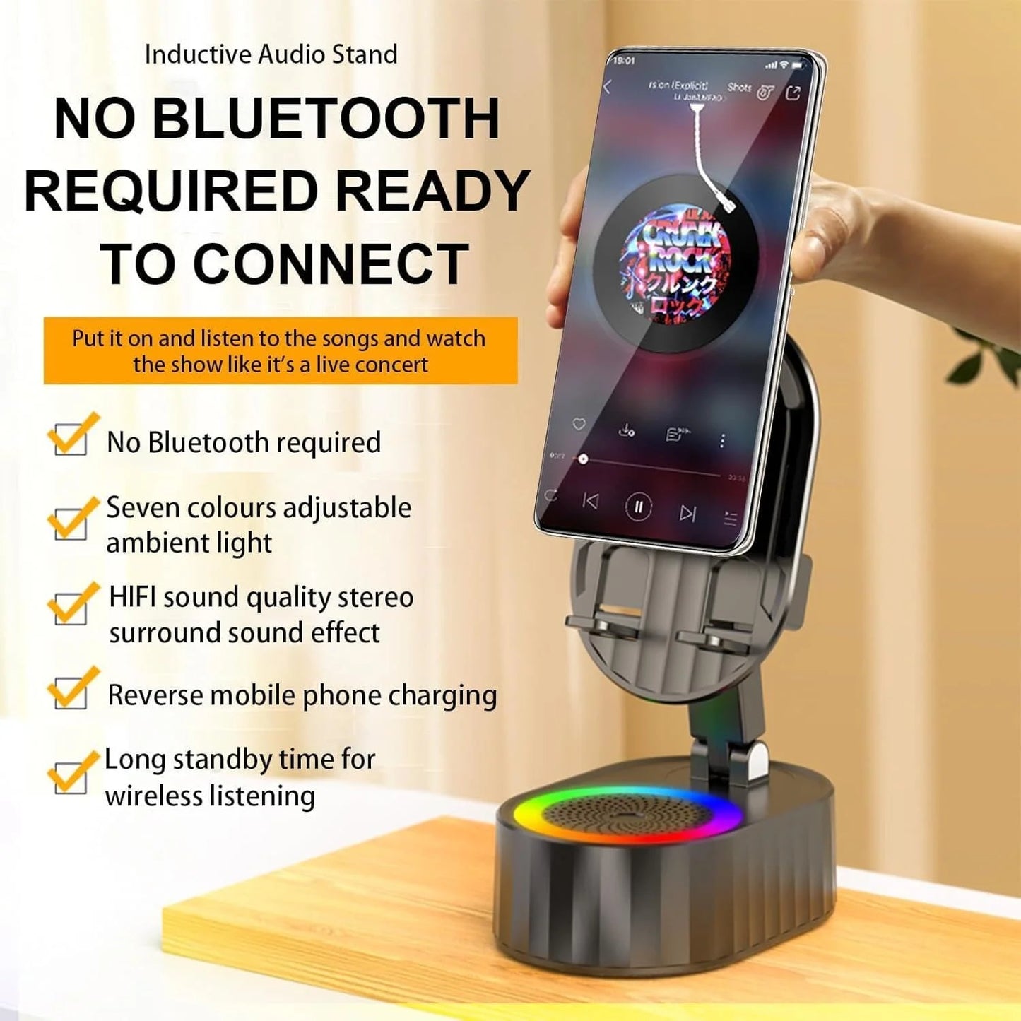 Wireless Induction Audio Bluetooth Speaker 5In1 Phone Holder Emergency Rechargeable (3000Mah) with Colorful Ambient Light 300° Foldable for Tablet Android (Black)