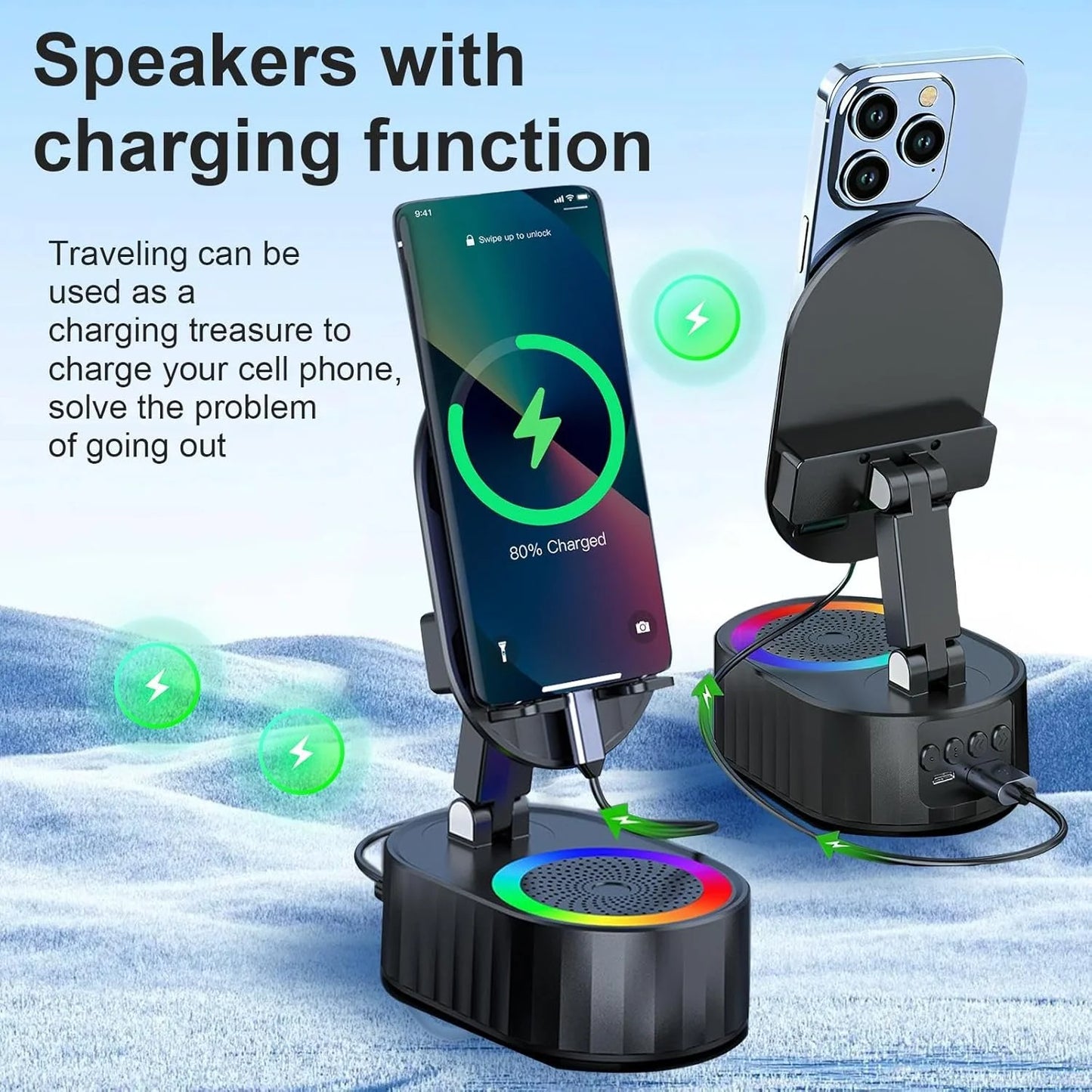 Wireless Induction Audio Bluetooth Speaker 5In1 Phone Holder Emergency Rechargeable (3000Mah) with Colorful Ambient Light 300° Foldable for Tablet Android (Black)