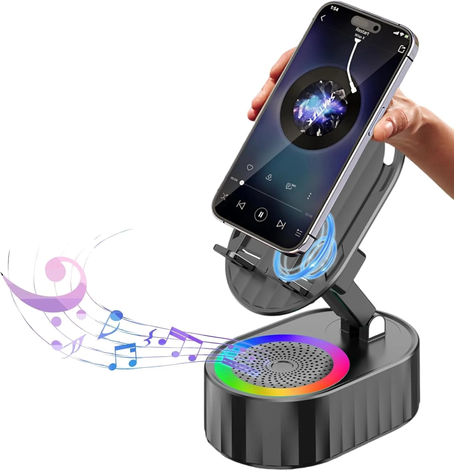 Wireless Induction Audio Bluetooth Speaker 5In1 Phone Holder Emergency Rechargeable (3000Mah) with Colorful Ambient Light 300° Foldable for Tablet Android (Black)