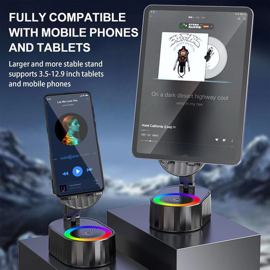 Wireless Induction Audio Bluetooth Speaker 5In1 Phone Holder Emergency Rechargeable (3000Mah) with Colorful Ambient Light 300Â° Foldable for Tablet Android (Black)