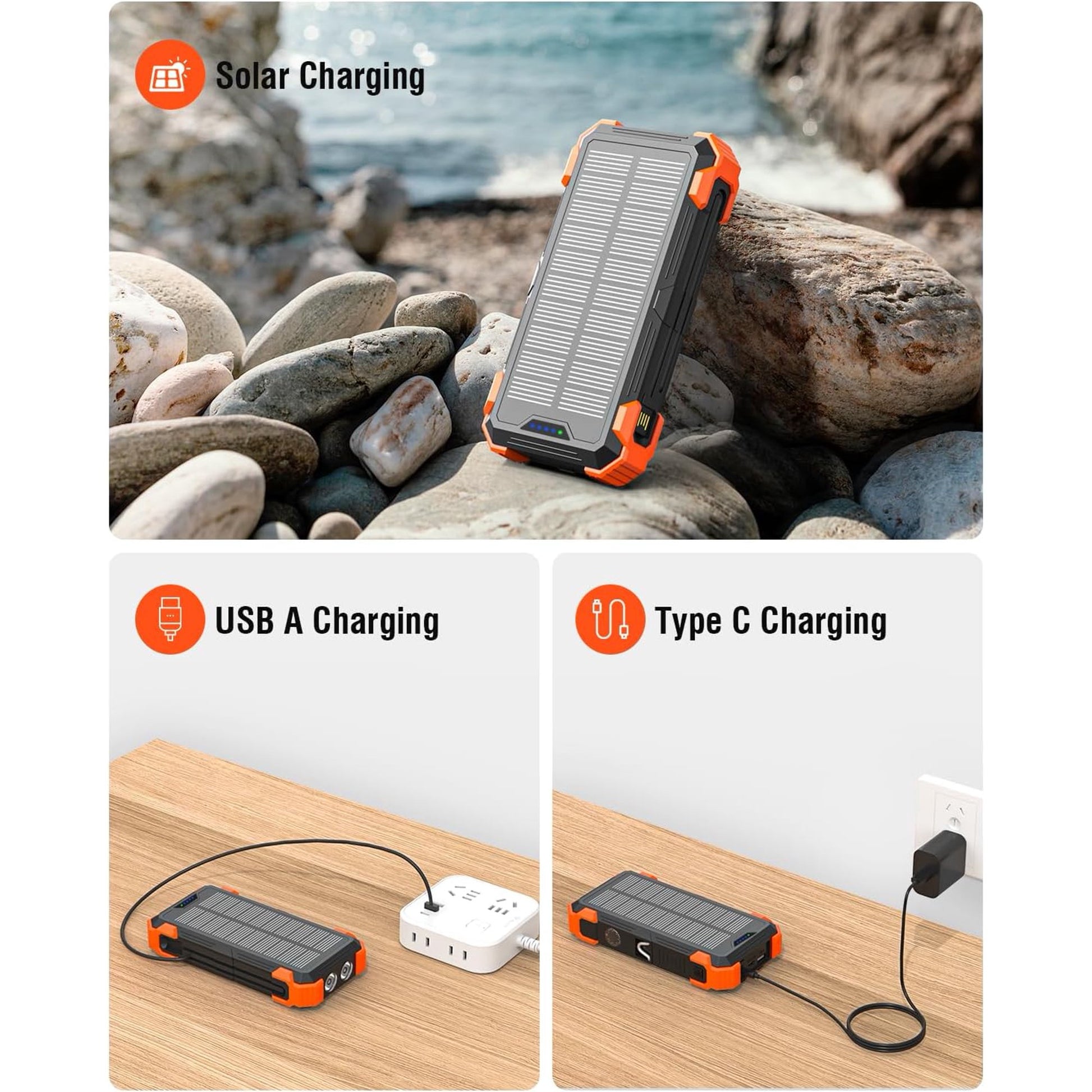 42800Mah Solar Charger Power Bank with 4 Cables, 15W Fast Charging Portable Charger for Cell Phone, Wireless Charger Solar Battery Pack with Dual Flashlights, Carabiner
